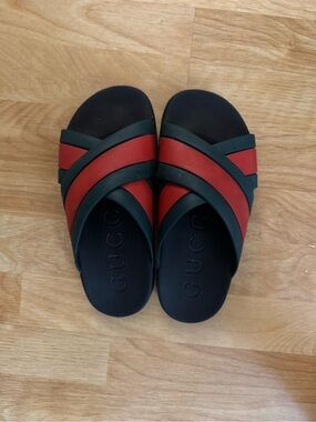 Gucci Black Slides with Red and Green Crisscross Straps